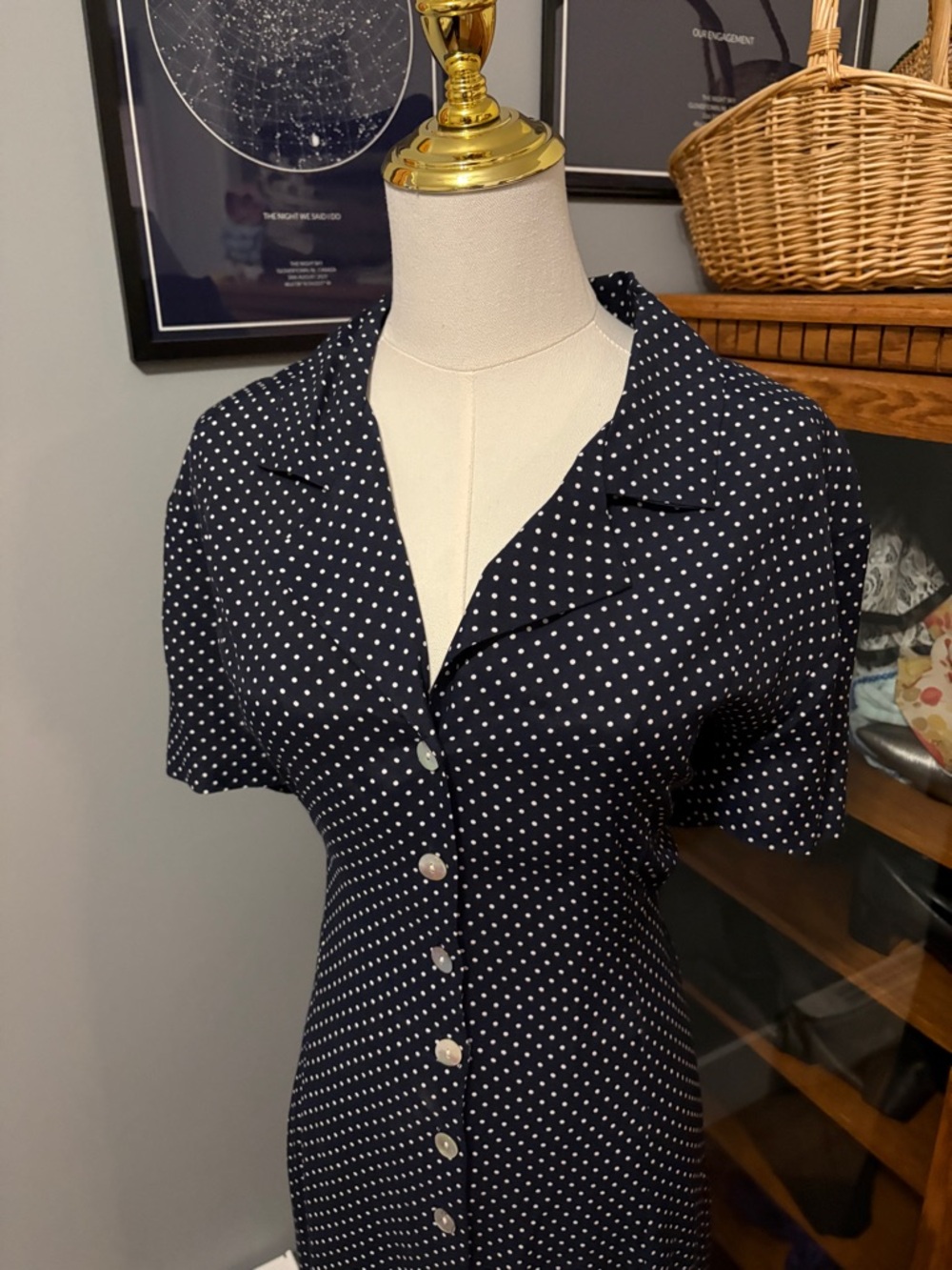 Vintage 90s Sheri Martin Polka Dot Maxi Dress | Navy Button Front Collared Dress - Picture 3 of 10